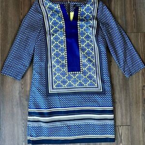 The Limited Blue Scarf lined Sheath Dress with V-Neck and 3/4 Sleeves